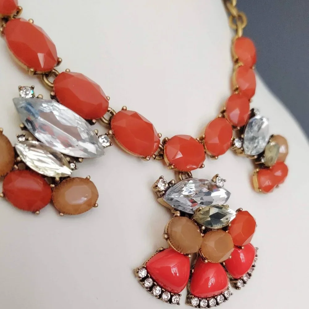 Orange, nude and crystal statement necklace